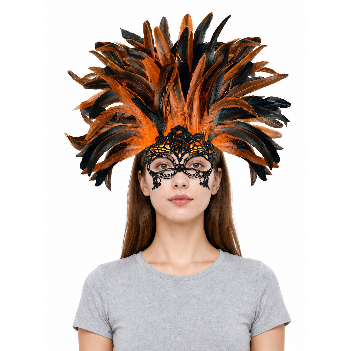 Carnival headdress with feathers and a mask front view