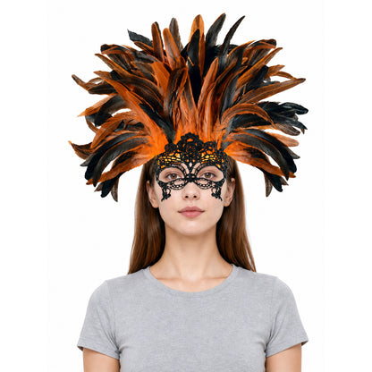 Carnival headdress with feathers and a mask front view