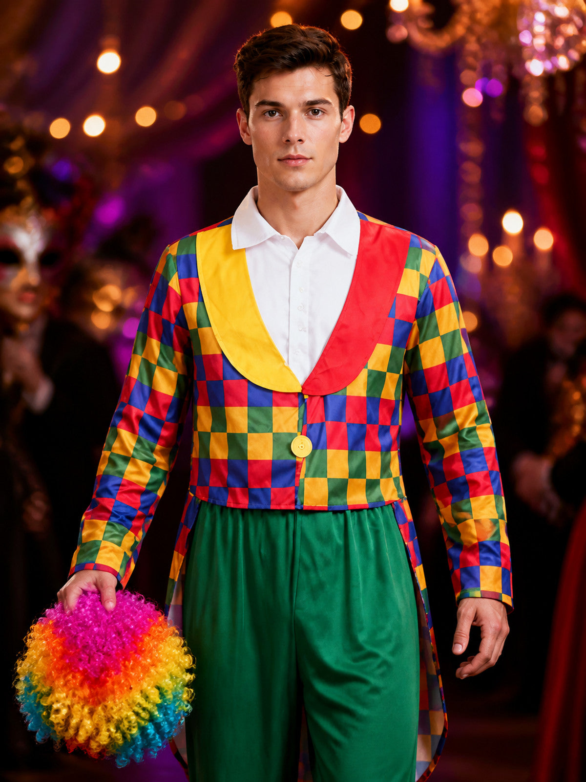 Adult Clown Costume Set, Colorful Checkered Jacket and Pants for Halloween on-model view