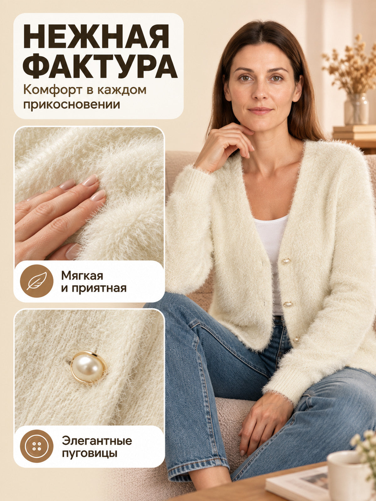 Faux Fur Cardigan Fuzzy Light Beige
