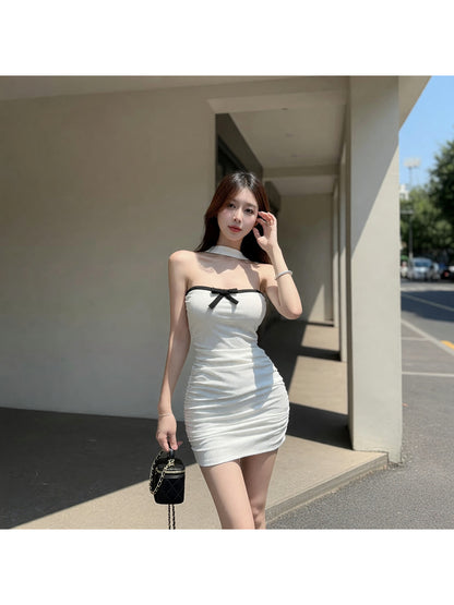 White Short Fitted Bandeau Dress with Black Bow main product view