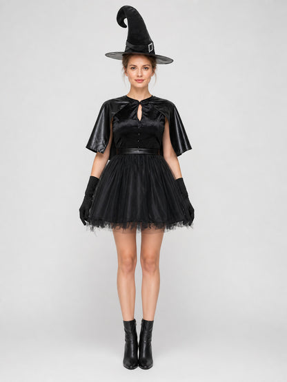 Black Witch Costume with Hat and Gloves for Halloween on-model view