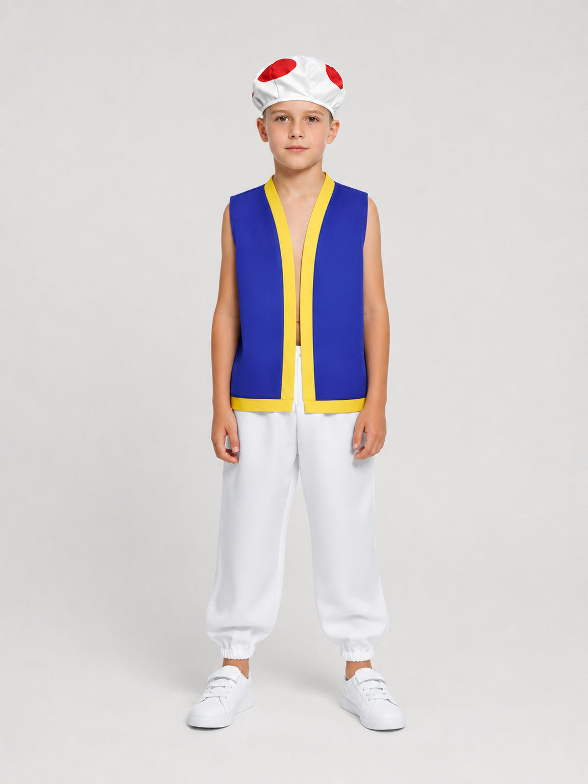 Toad Cosplay Costume: Blue Sleeveless Vest, White Pants, and Hat on-model view