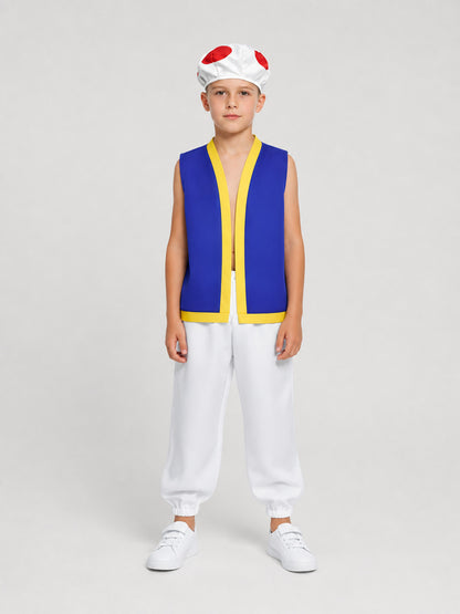 Toad Cosplay Costume: Blue Sleeveless Vest, White Pants, and Hat on-model view