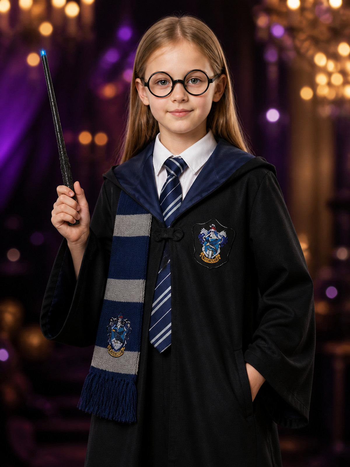 Wizard Robe Costume Set, Hooded Cloak With Striped Scarf, Tie, Glasses And Wand on-model view
