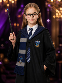 Wizard Robe Costume Set, Hooded Cloak With Striped Scarf, Tie, Glasses And Wand