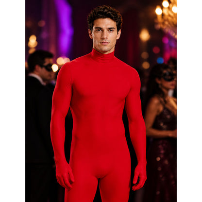 Red Invisible Man Full Body Cosplay Suit, Long Sleeve Jumpsuit with Head Mask on-model view
