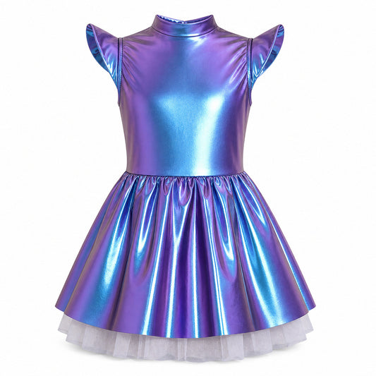 Children Girls Shiny Halloween Alien Cosplay Fancy Costume Space Robot Astronaut Galaxy Warrior Dress Up Leotards Tutu Dress - Color:Colorful