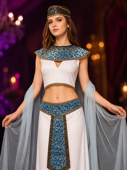 Egyptian Queen Costume Set, Two-Piece White, Blue And Silver Outfit With on-model view
