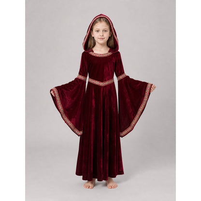 Halloween Vampire Costume — Burgundy Hooded Cloak on-model view