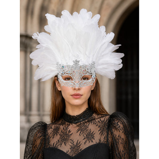 White feather masquerade mask with a silver-tone ornate frame, shown worn in a close-up portrait with a black lace top