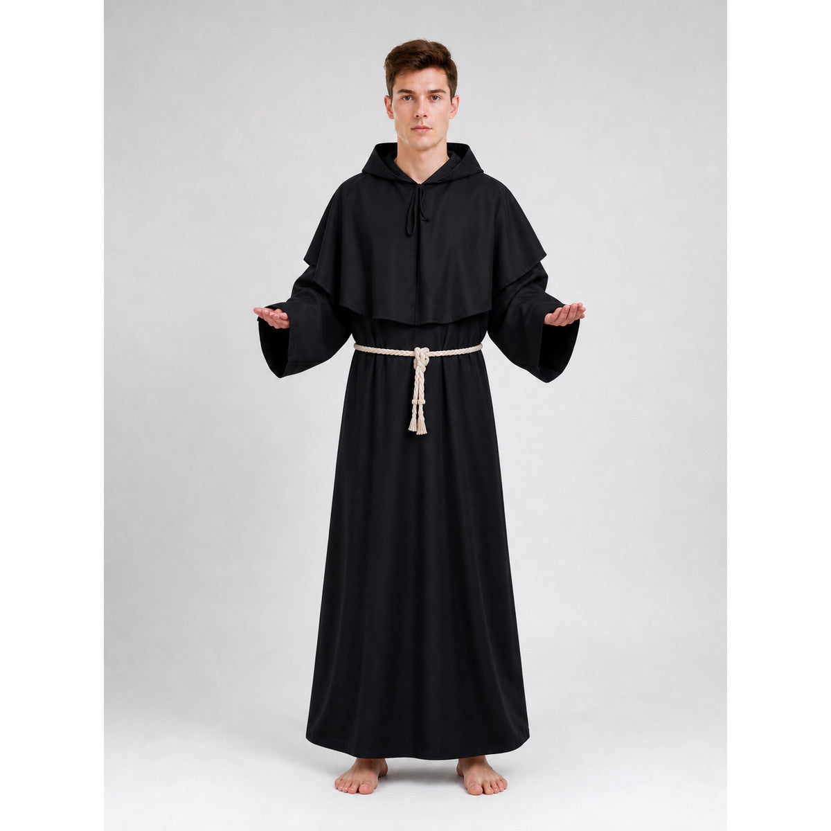 Black Hooded Robe Costume, Medieval Look on-model view