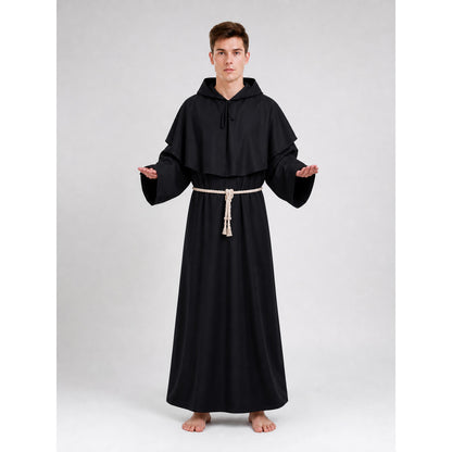 Black Hooded Robe Costume, Medieval Look on-model view