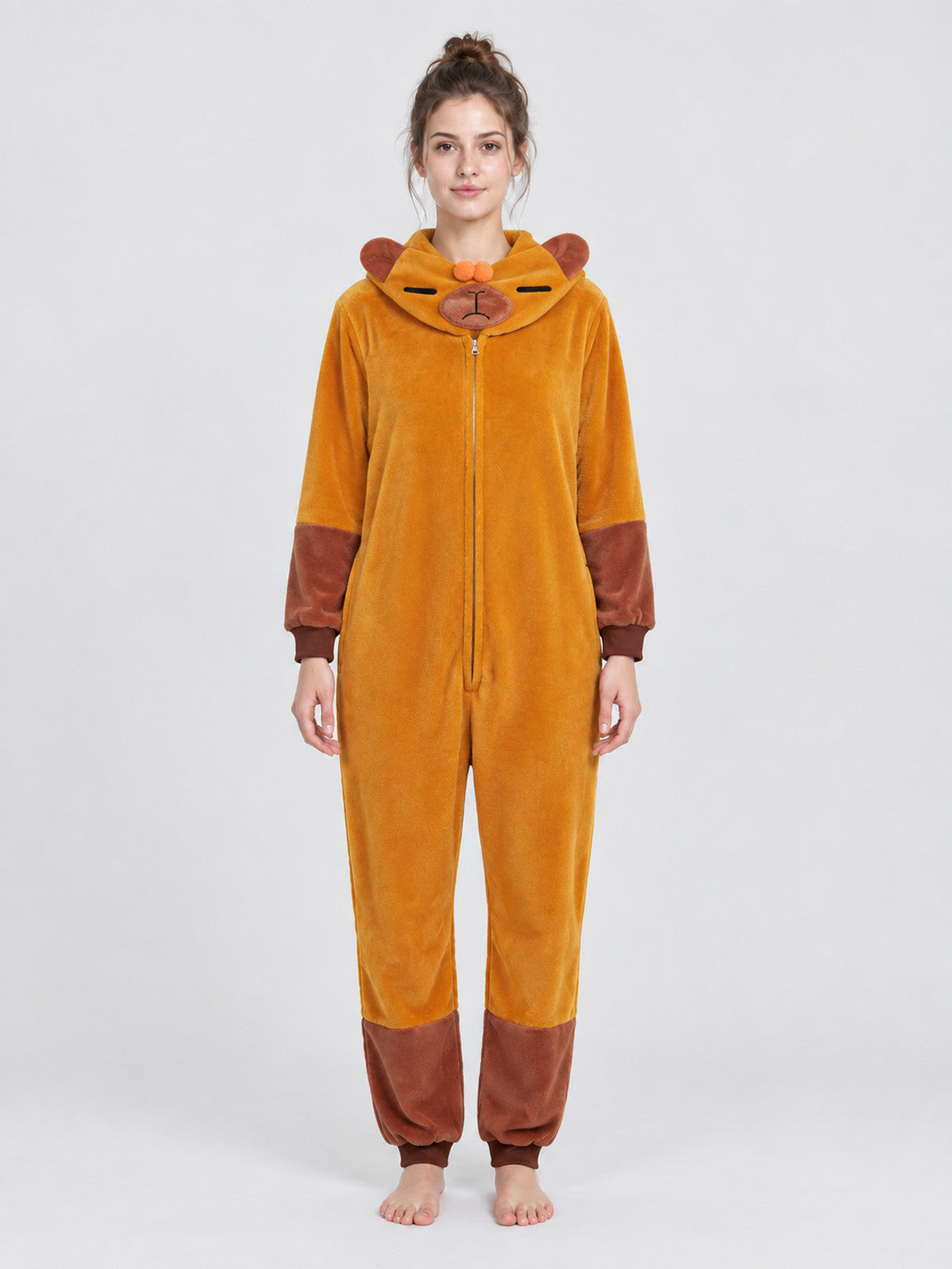 Hooded Pajama Jumpsuit with Ears, Golden Orange