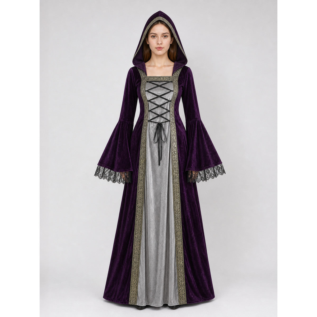 The dress is designed in a Gothic medieval style and features a costume design in deep purple with silver-gray and black accents. The design includes an attached pointed hood, flared bell sleeves, and a flowing skirt. The front of the bodic