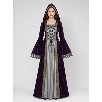 The dress is designed in a Gothic medieval style and features a costume design in deep purple with silver-gray and black accents. The design includes an attached pointed hood, flared bell sleeves, and a flowing skirt. The front of the bodic