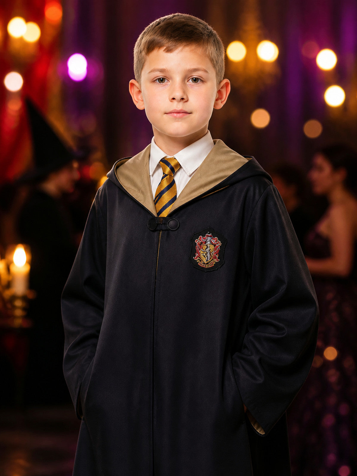 Children's Hufflepuff Wizard Robe Costume Set With Hooded Robe And Striped Tie on-model view