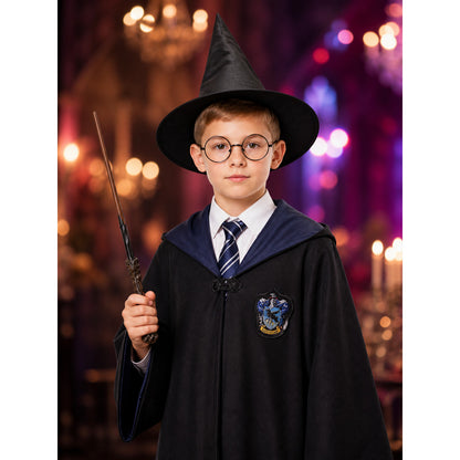 Wizard Costume Set With Hooded Robe, Pointed Hat, Wand, Tie And Glasses on-model view