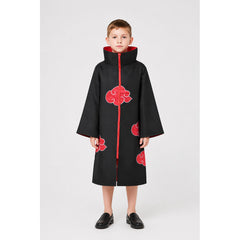 Akatsuki Cloak with Red Clouds for Cosplay – Long Black Robe with High Collar & Full Zip, Kids & Adult Sizes