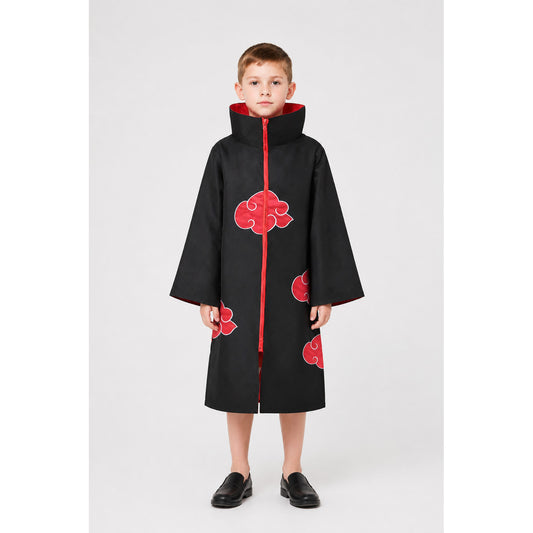 Child wearing a long black Akatsuki-style cloak with red clouds, tall red-lined collar and red zipper, front view