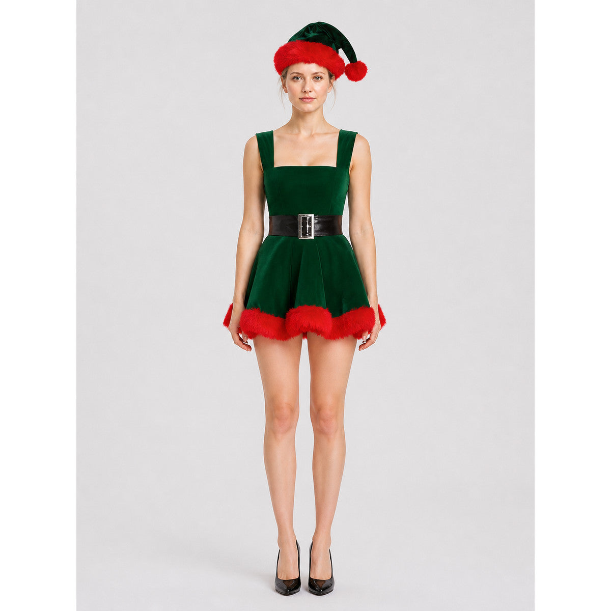 Women's Green Christmas Tree Princess Dress with Red Fur Trim and Black Belt on-model view