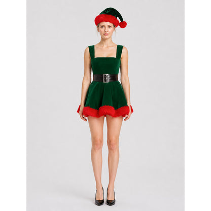 Women's Green Christmas Tree Princess Dress with Red Fur Trim and Black Belt on-model view
