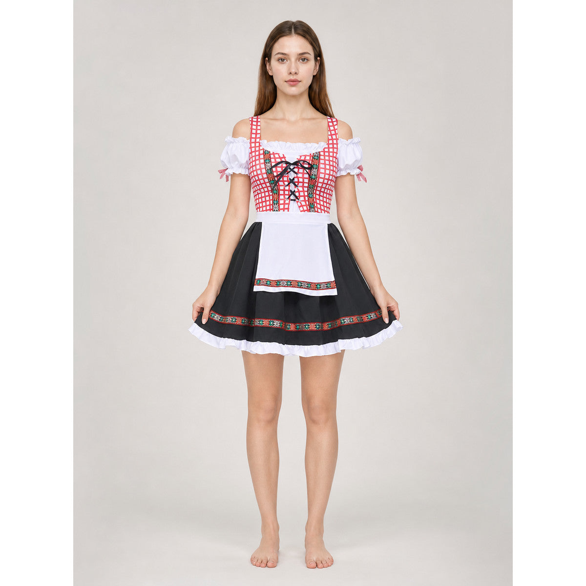 Ethnic Dress with Apron, Lacing, and Full Skirt on-model view