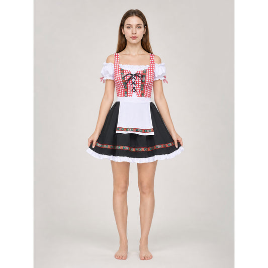 Ethnic Dress with Apron, Lacing, and Full Skirt on-model view