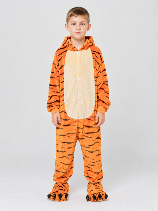 Kids' Pajama Jumpsuit Orange with Tiger Stripes