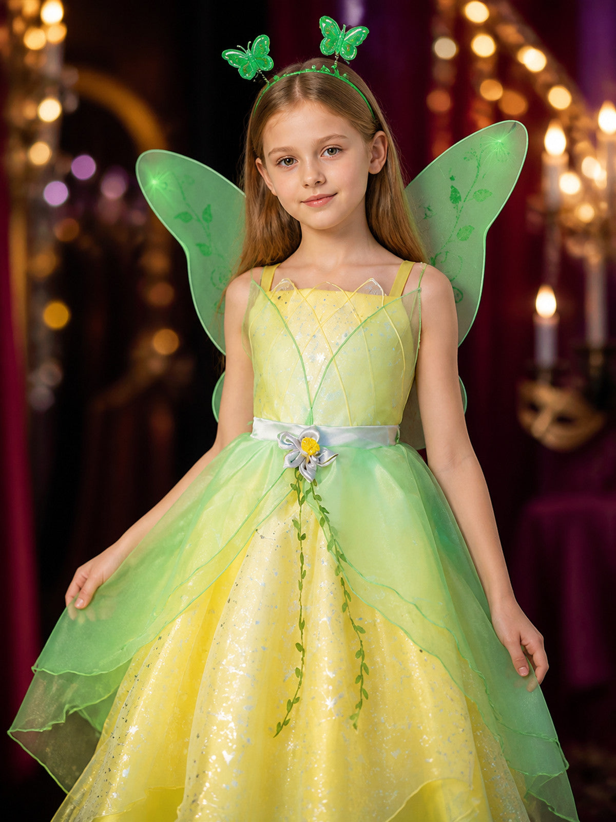 Girl's Fairy Princess Costume Dress, Butterfly Wings Glitter Tulle Halloween on-model view