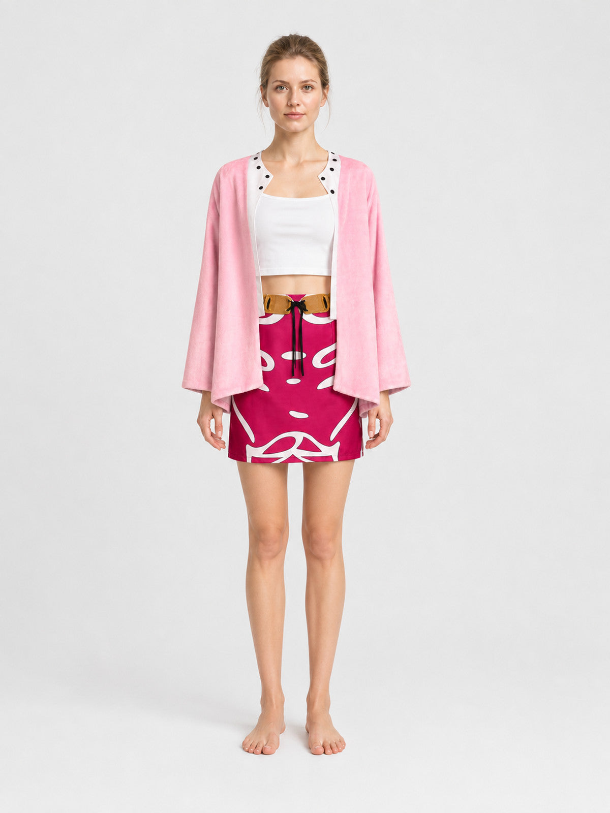 One Piece Doflamingo Cosplay Costume with Skirt and Jacket on-model view