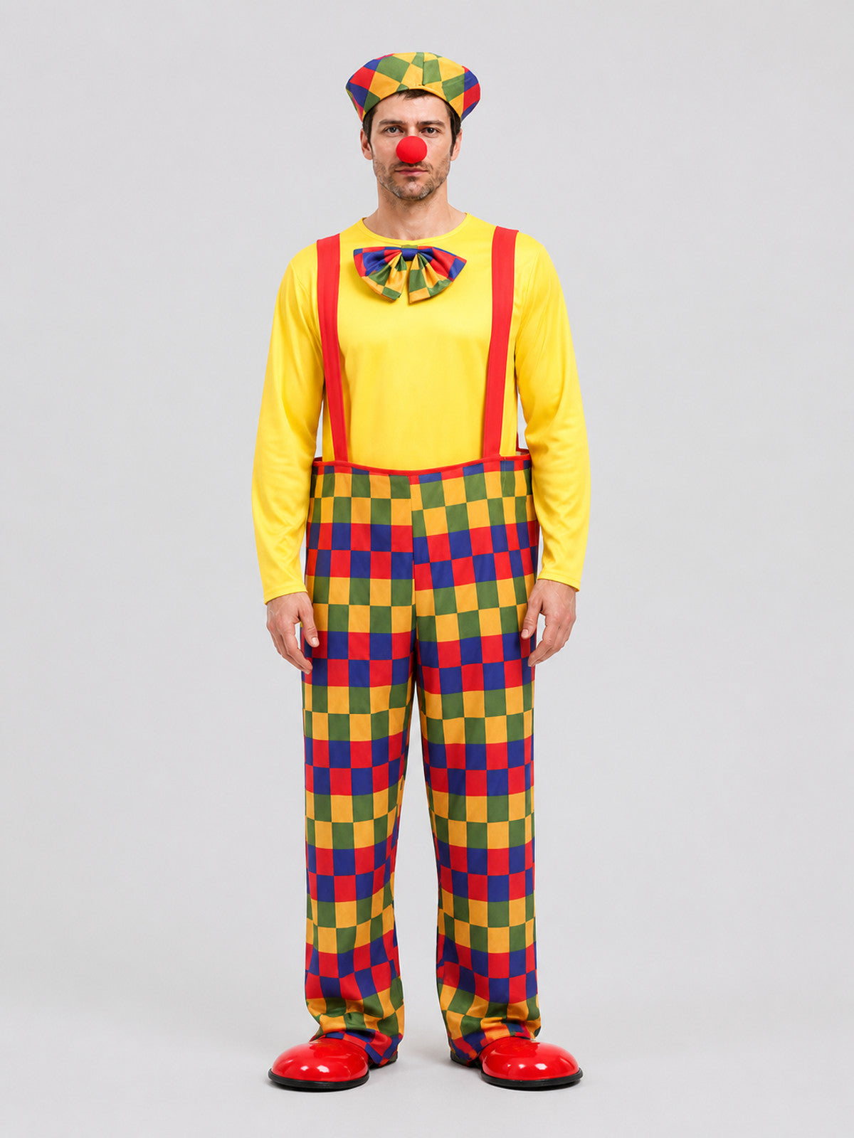 Clown Costume: Shirt, Jumpsuit, and Hat on-model view