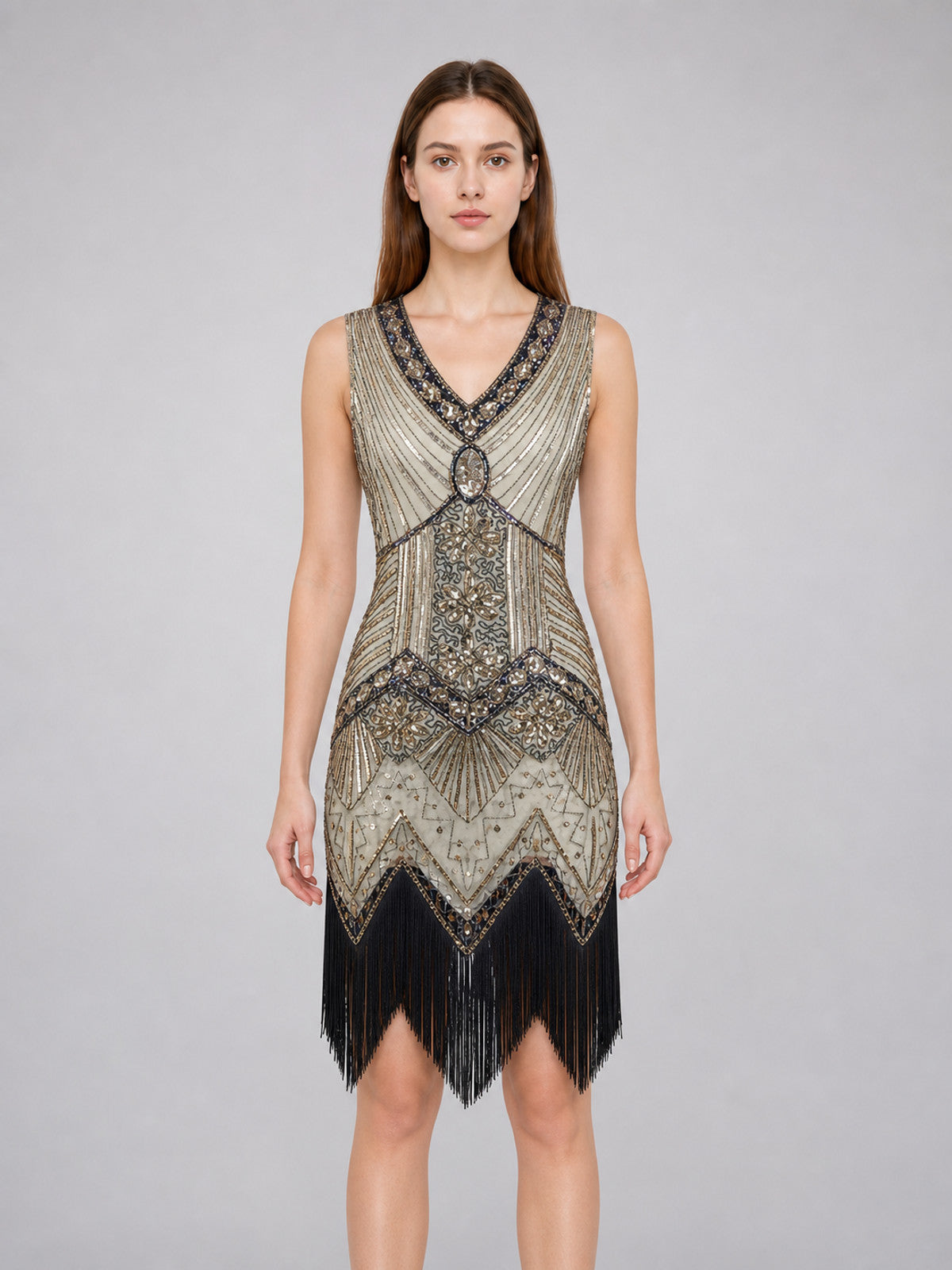 Vintage Gatsby Dress with Fringe and Sequins front view