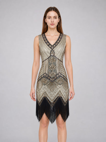 Vintage Gatsby Dress with Fringe and Sequins front view