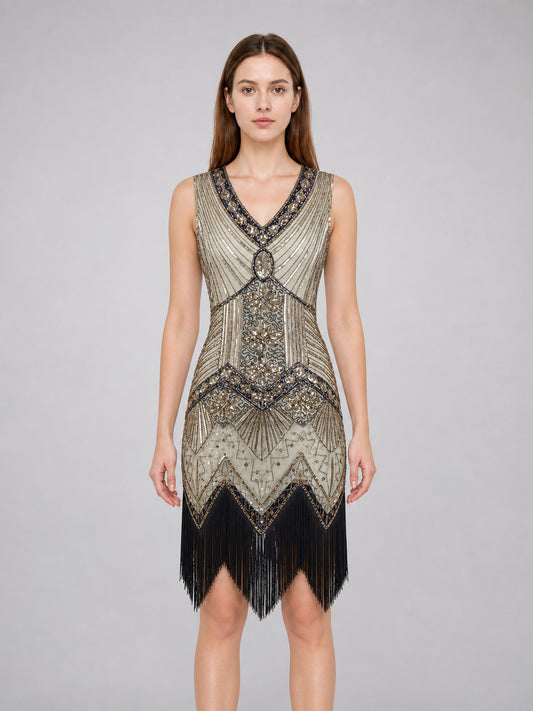Vintage Gatsby Dress with Fringe and Sequins front view