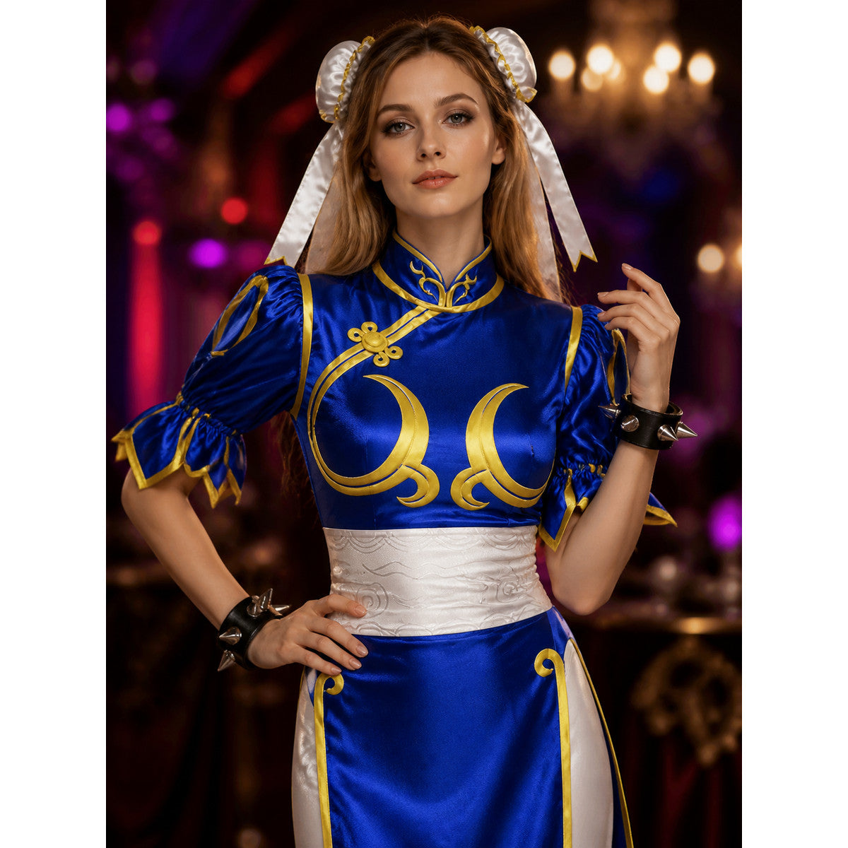 Women's Chun-Li Anime Cosplay Costume Set, Blue Qipao Outfit With Accessories on-model view