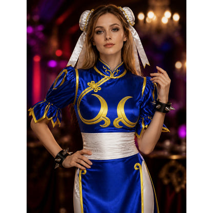 Women's Chun-Li Anime Cosplay Costume Set, Blue Qipao Outfit With Accessories on-model view