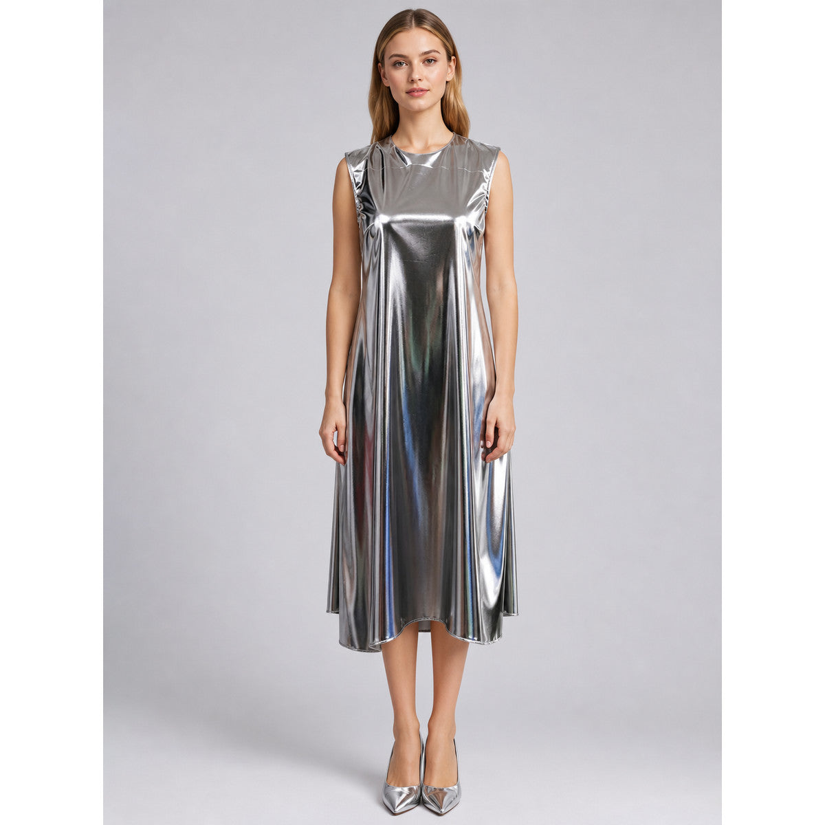 Silver Dress with Lace-Up Back on-model view