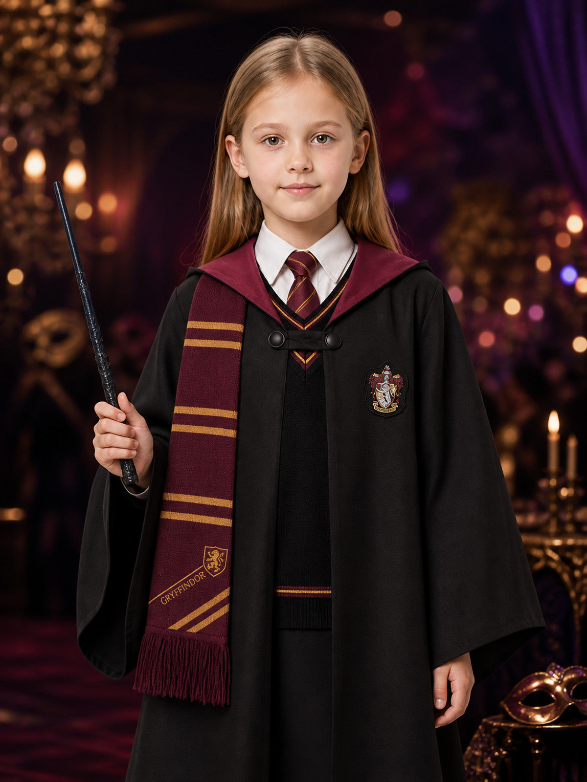 Kids' Burgundy and Black Hooded Wizard Robe Costume Set with Vest, Tie, Scarf on-model view