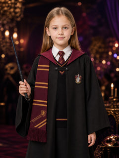 Hermione Granger Kids' Burgundy and Black Hooded Wizard Robe Costume Set with Vest, Tie, Scarf