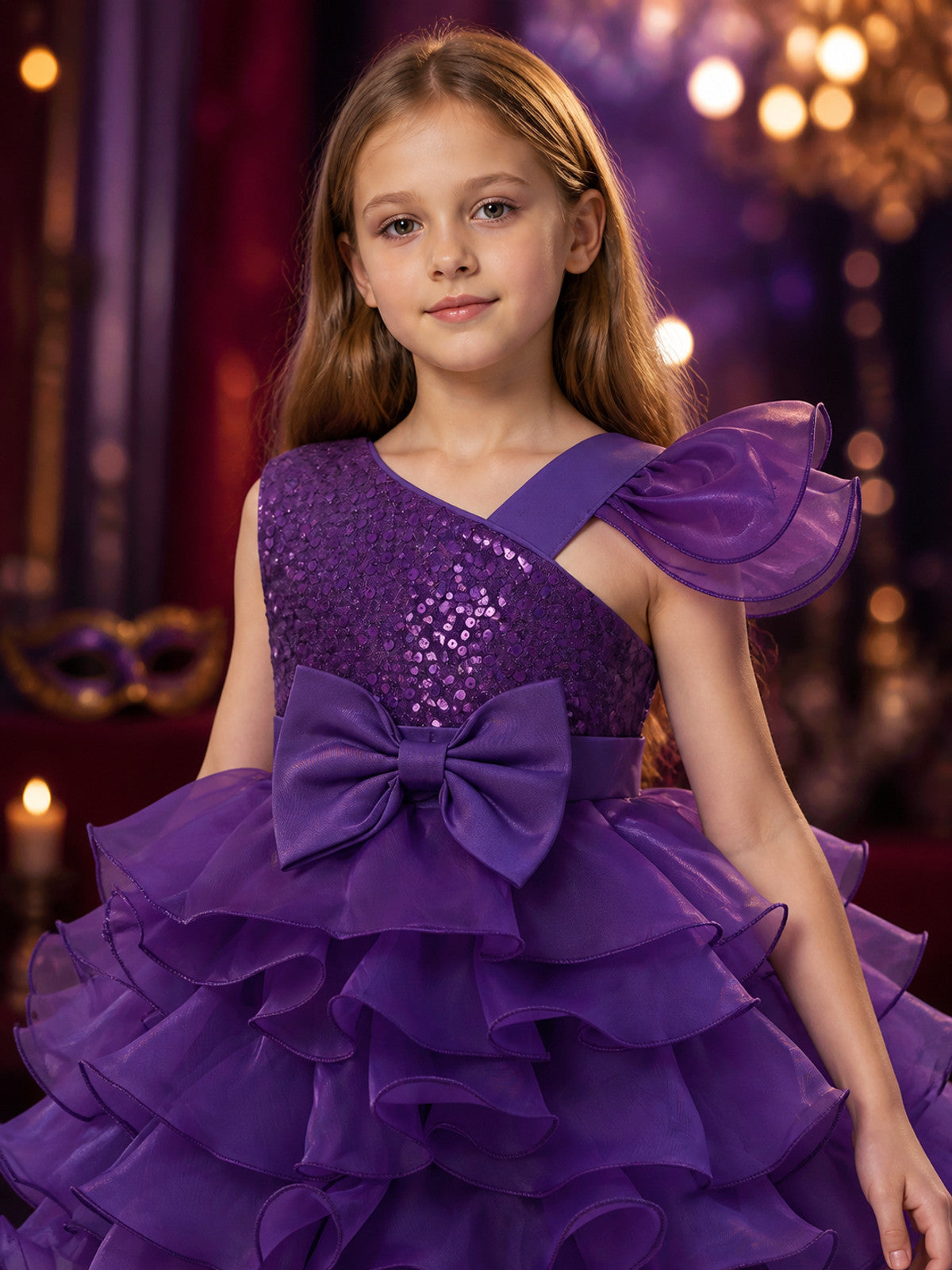 Toddler Girls' Purple Princess Dress, Sequined Layered Ruffle Bow Gown on-model view