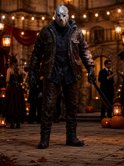 Jason Horror Costume with Silver-Grey Full-Face Mask and Distressed Texture