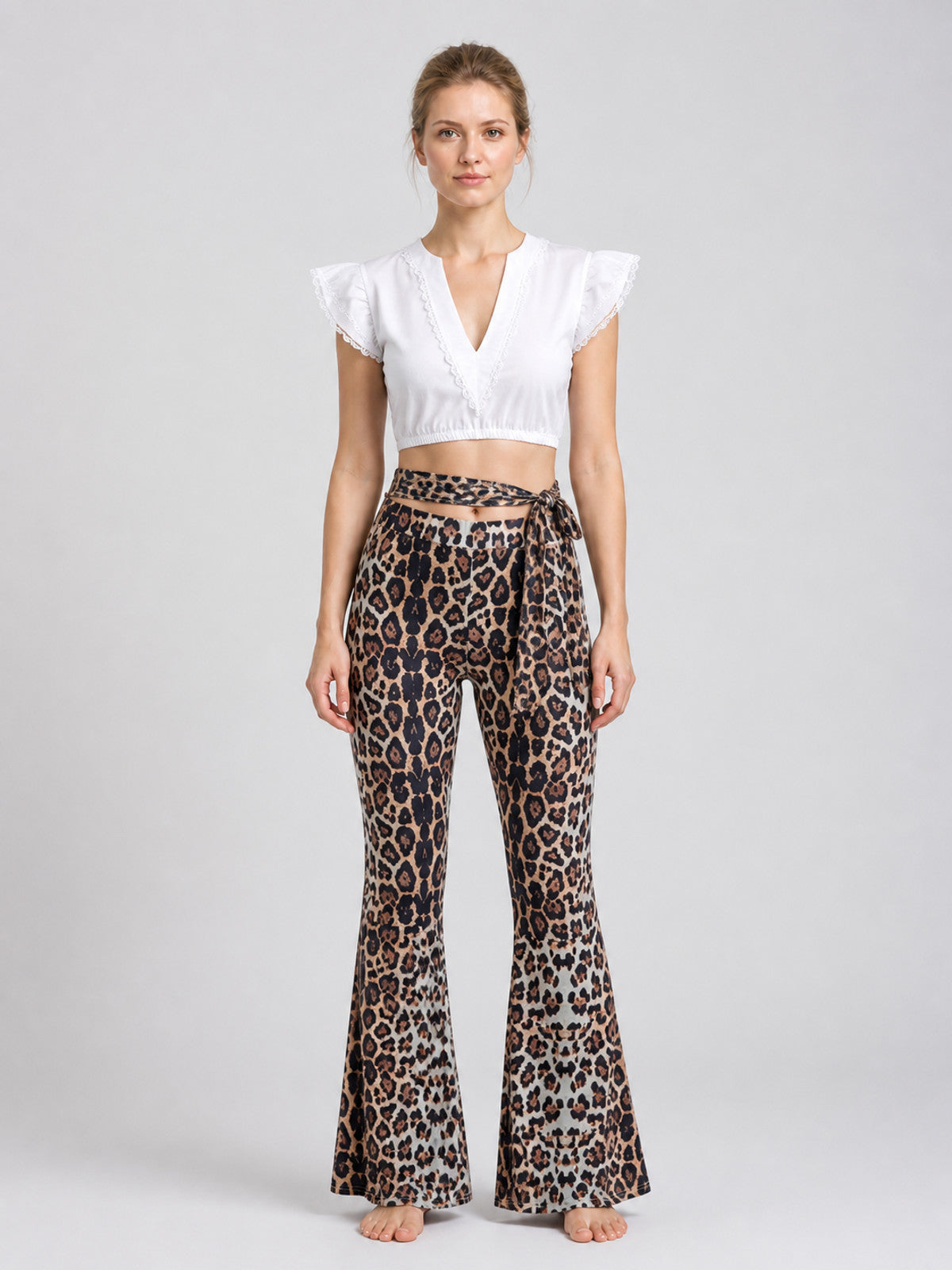 Clothing Set: White Top and Leopard Flare Pants on-model view