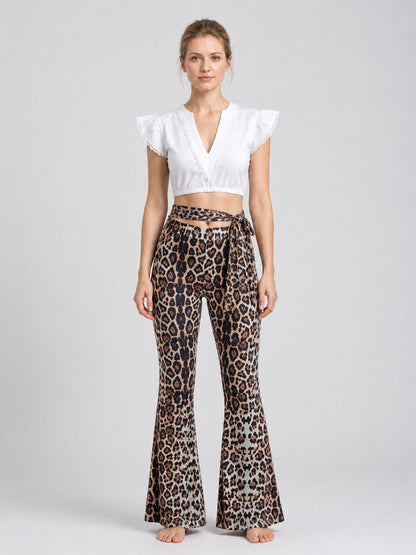 Clothing Set: White Top and Leopard Flare Pants on-model view