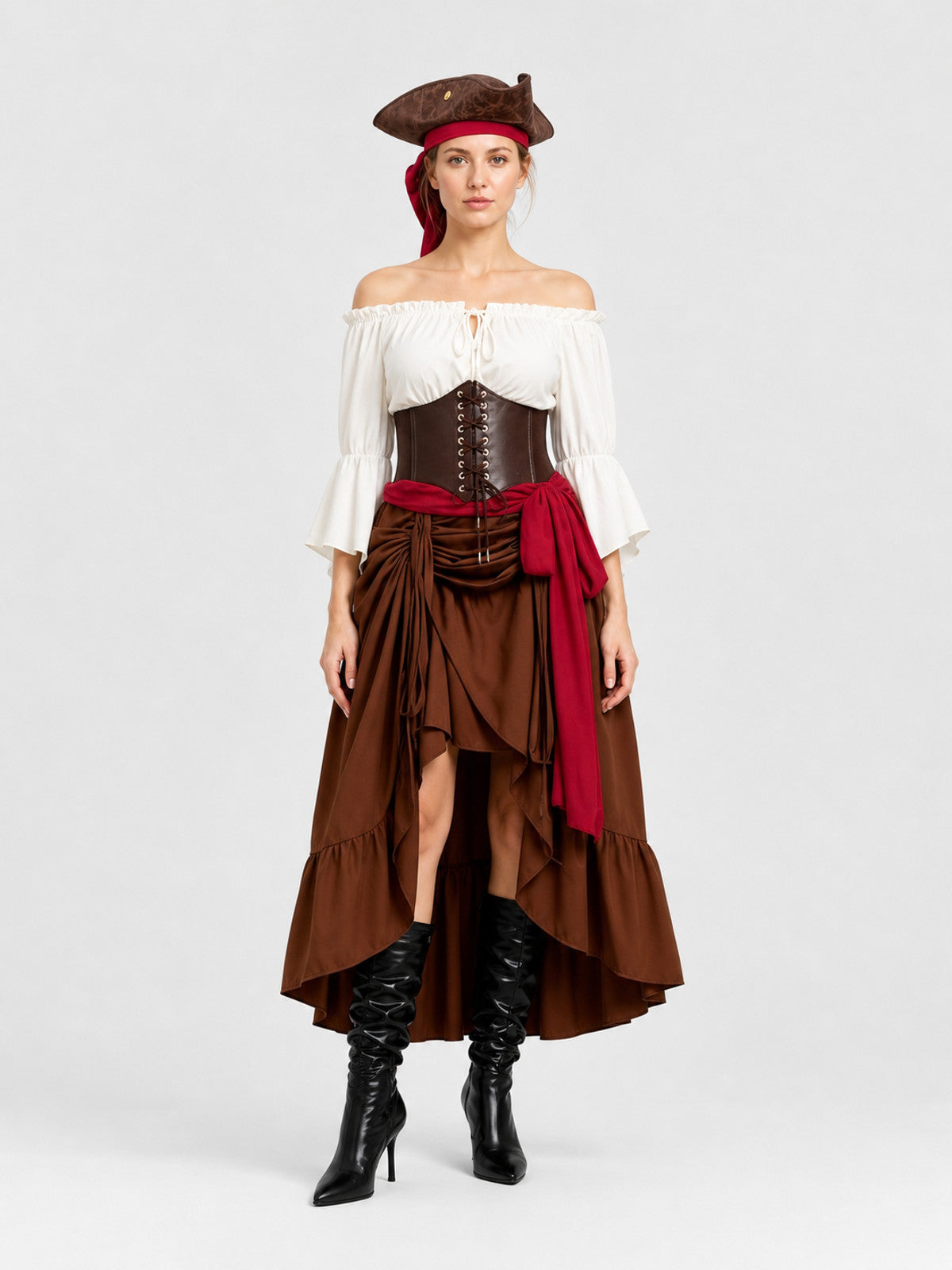 Long Pirate Skirt with Corset Waist and Ruffles on-model view