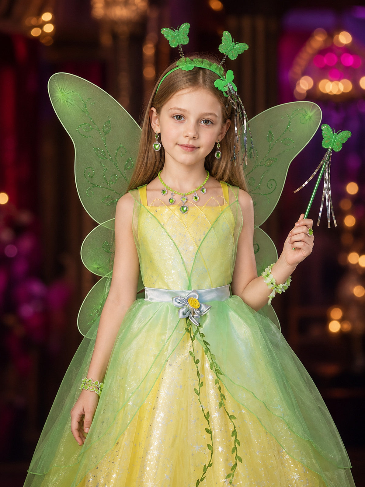Girls Tinker Bell Princess Costume Set with Wings, Wand & Accessories, Green on-model view