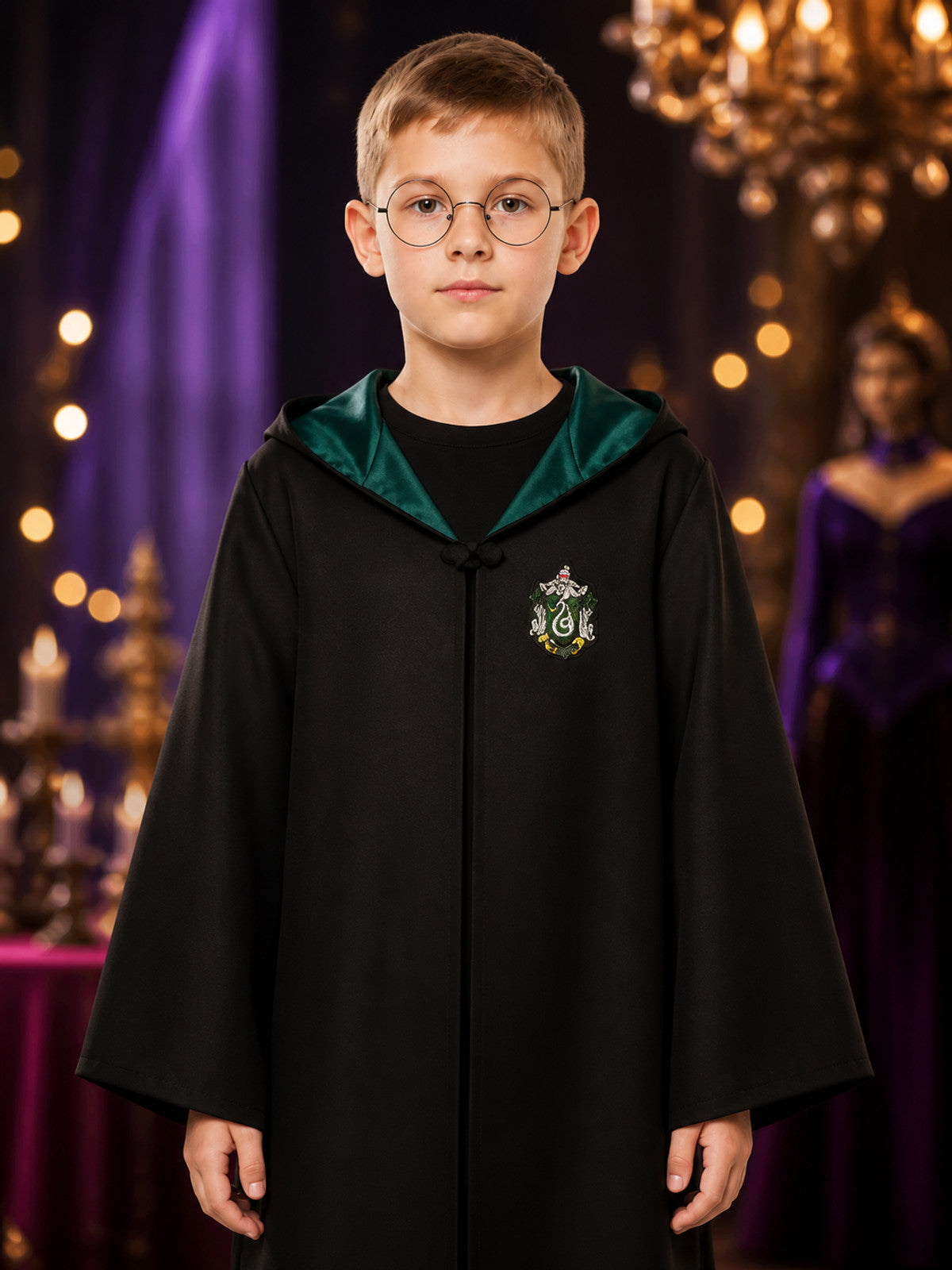Wizard Robe Costume, Green And Black Hooded Long Cloak With House-Style Badge on-model view