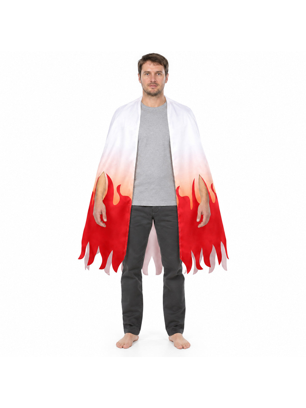 Long sleeveless cape with an open front and a shaped edge, white with red flames