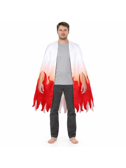 Long sleeveless cape with an open front and a shaped edge, white with red flames