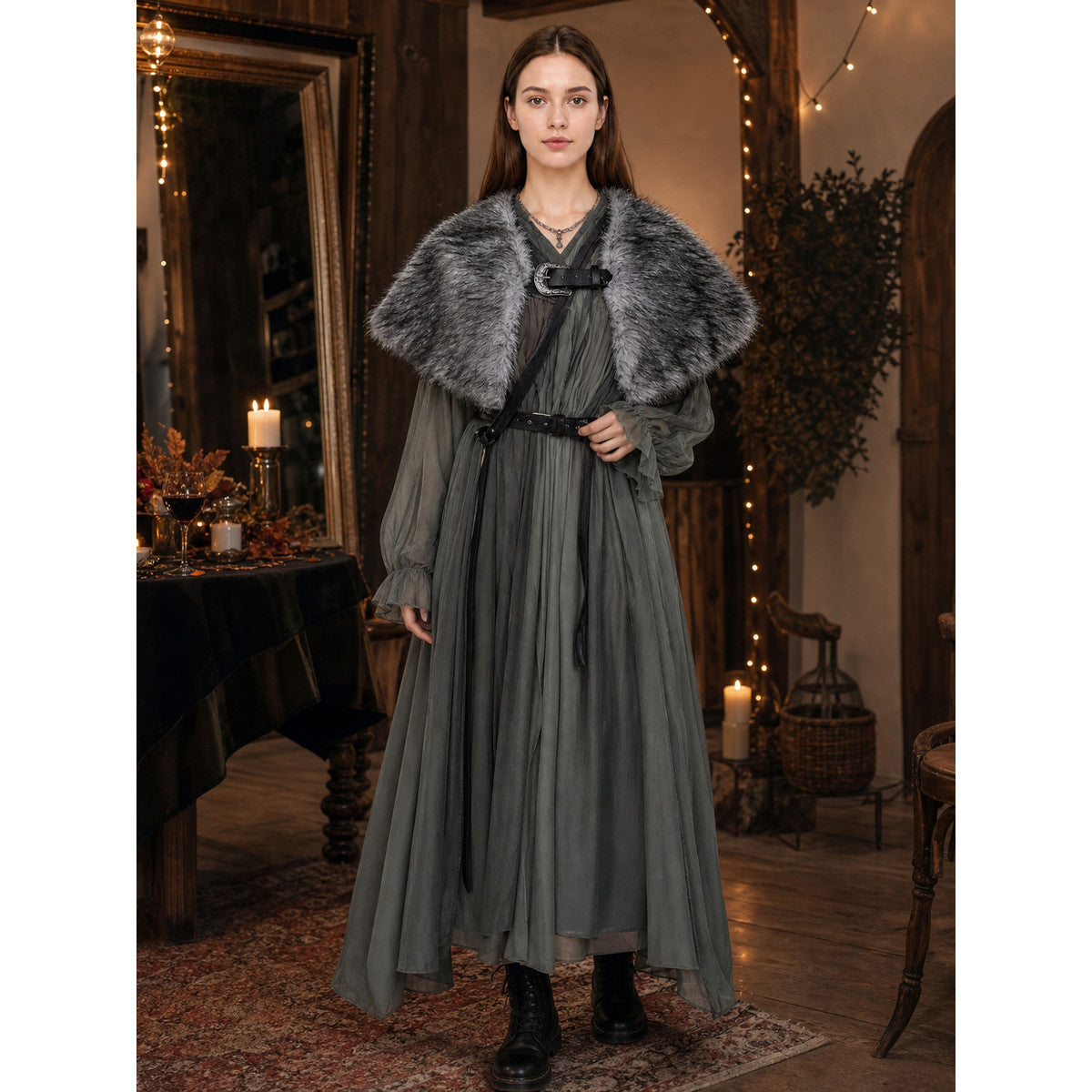 Dark Gray Open Front Shawl With Wide Shoulder Coverage, Irregular Plush-Textured Edge And Decorative Metal Buckle